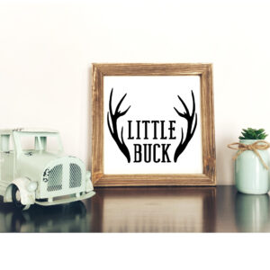 A 12x12 Little Buck framed sign with antler graphics is displayed beside a toy truck and two small potted succulents on a dark surface. - Spruced Studio Upscale Workshop
