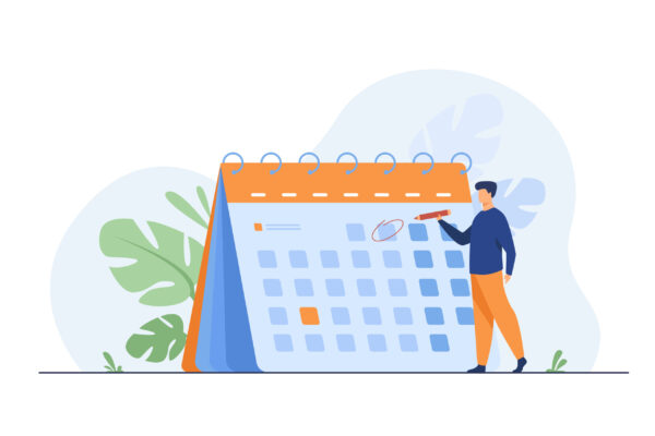 Illustration of a person marking August 17, 2023, on a large desk calendar for the Private Event - Oscar Quesada, with plants in the background. - Spruced Studio Upscale Workshop