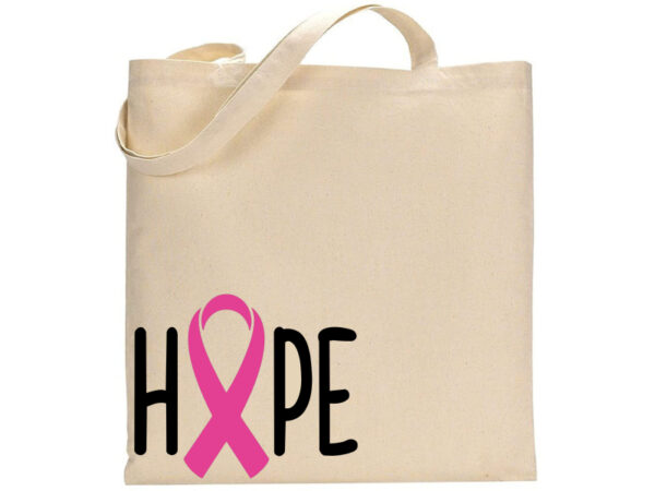 The Hope (cancer) tote bag features "HOPE" printed in beige, with the "O" replaced by a pink breast cancer awareness ribbon. - Spruced Studio Upscale Workshop