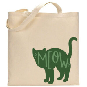 The "Meow" tote is a beige canvas bag featuring a green cat graphic with the word "MEOW" written inside the cat's body. - Spruced Studio Upscale Workshop