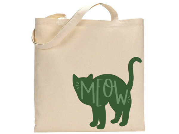 The "Meow" tote is a beige canvas bag featuring a green cat graphic with the word "MEOW" written inside the cat's body. - Spruced Studio Upscale Workshop