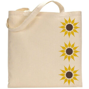 The "Sunflowers" beige tote bag features three vertically arranged yellow sunflowers with brown centers on one side. - Spruced Studio Upscale Workshop