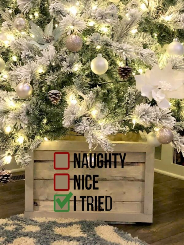 The Tree Box - I Tried features a decorated Christmas tree in a wooden box base labeled Naughty, Nice, and I Tried—with "I Tried" checked. - Spruced Studio Upscale Workshop