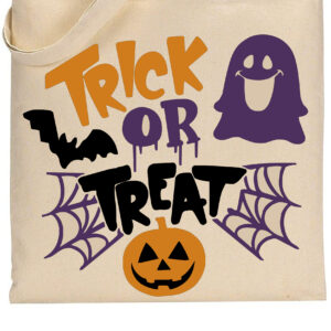 The "Trick or Treat (ghost)" tote bag features beige fabric with a ghost, bat, spider webs, and jack-o’-lantern in black, orange, and purple. - Spruced Studio Upscale Workshop