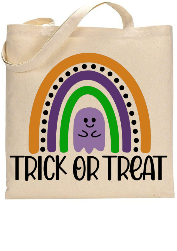 The Trick or Treat (rainbow) tote bag is beige and features a rainbow with orange, green, and purple arches, a smiling ghost, and "TRICK OR TREAT" text at the bottom. - Spruced Studio Upscale Workshop