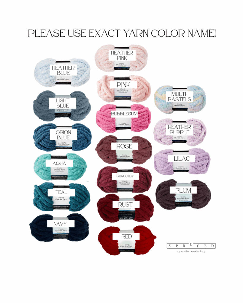 A chart displays 16 yarn skeins in various colors, each labeled with its color name, such as Heather Pink, Aqua, Rust, and Red, with instructions to use the exact yarn color name. - Spruced Studio Upscale Workshop