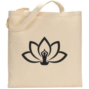 A beige canvas tote bag named "Yoga" featuring a black lotus flower and meditating person design on the front. - Spruced Studio Upscale Workshop