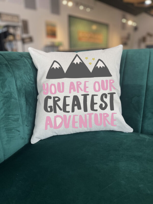 The "You are Our Greatest Adventure" pillow features a mountain graphic and pink and gray text, displayed on a green velvet couch. - Spruced Studio Upscale Workshop