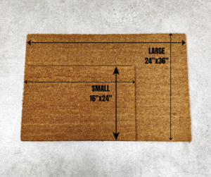 Two rectangular doormats on a concrete floor, labeled "Small 16'' x 24''" and "Large 24'' x 36''," with arrows indicating their dimensions. - Spruced Studio Upscale Workshop
