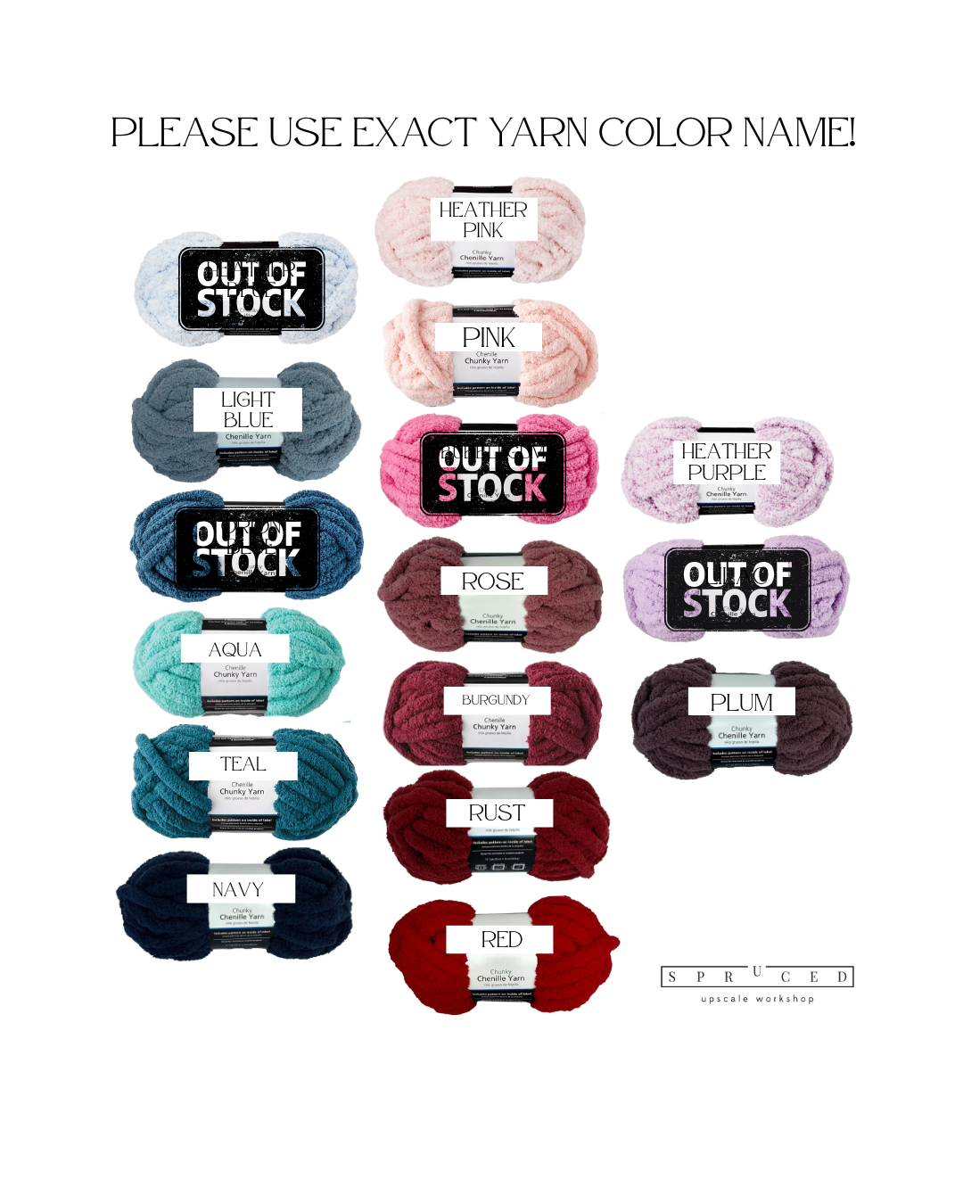 Image showing 12 yarn color options with labels, including "Heather Pink," "Pink," "Light Blue," "Heather Purple," "Aqua," "Rose," "Burgundy," "Plum," "Navy," "Rust," and "Red," with some marked "Out of Stock. - Spruced Studio Upscale Workshop