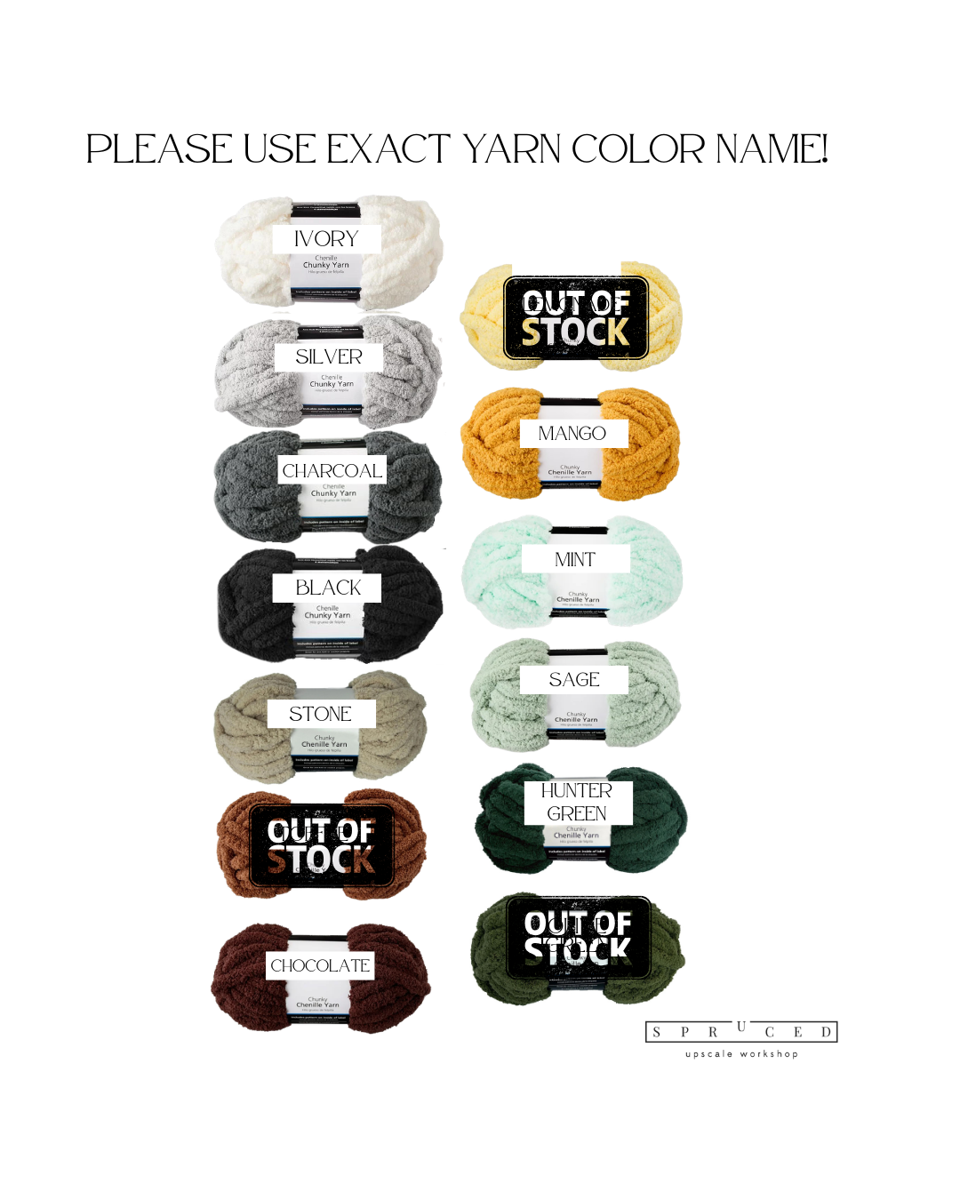 Twelve yarn skeins in labeled colors including Ivory, Silver, Charcoal, Black, Stone, Mango, Mint, Sage, Hunter Green, and Chocolate; Gold, White, and Copper are out of stock. - Spruced Studio Upscale Workshop