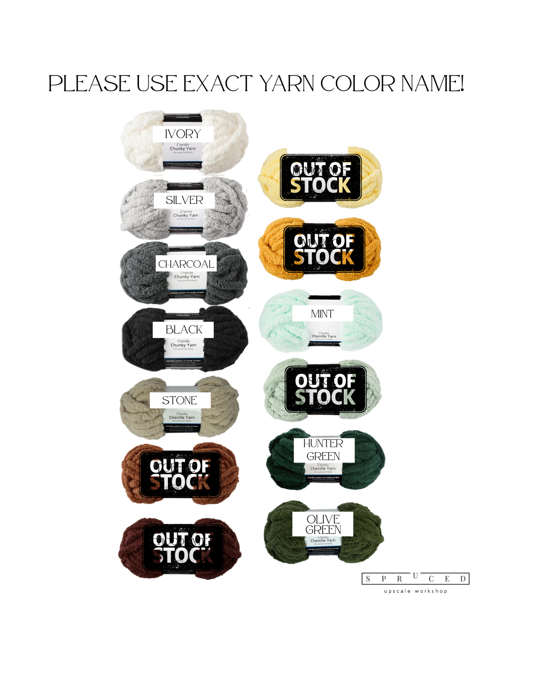 Image showing twelve yarn color options, with names including Ivory, Silver, Charcoal, Mint, Stone, Hunter Green, and Olive Green. Several colors are marked as “Out of Stock.”. - Spruced Studio Upscale Workshop
