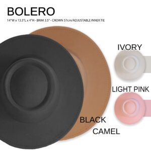Top view of four bolero hats in black, camel, ivory, and light pink colors, with product dimensions and features listed in text. - Spruced Studio Upscale Workshop