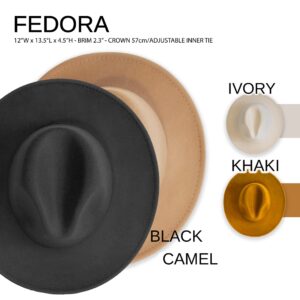 Top view of four fedora hats in black, camel, ivory, and khaki colors, with product dimensions and adjustable inner tie indicated. - Spruced Studio Upscale Workshop