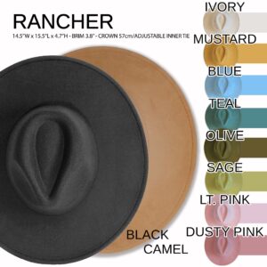Two wide-brimmed rancher hats are shown, one in black and one in camel, with a list of available colors displayed on the right, including ivory, mustard, blue, teal, olive, sage, light pink, and dusty pink. - Spruced Studio Upscale Workshop