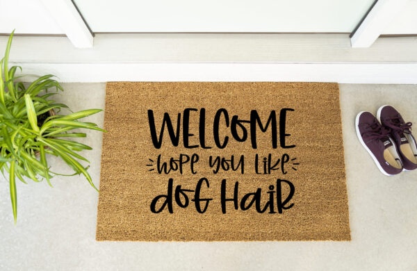 The Welcome Hope You Like Dog Hair doormat is placed in front of a door, with a plant and maroon shoes nearby. - Spruced Studio Upscale Workshop