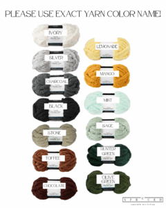 Twelve skeins of yarn in different colors are labeled with their names: Ivory, Silver, Charcoal, Black, Stone, Toffee, Chocolate, Lemonade, Mango, Mint, Sage, Hunter Green, and Olive Green. - Spruced Studio Upscale Workshop