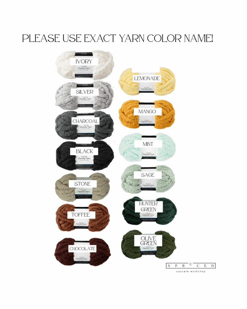 Twelve skeins of yarn in different colors are labeled with their names: Ivory, Silver, Charcoal, Black, Stone, Toffee, Chocolate, Lemonade, Mango, Mint, Sage, Hunter Green, and Olive Green. - Spruced Studio Upscale Workshop