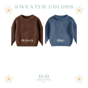 Two children's sweaters are displayed side by side, one brown and one blue, with labels indicating their colors. The image features the text "Sweater Colors" at the top. - Spruced Studio Upscale Workshop