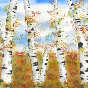 Watercolor painting of birch trees with white bark and black markings, surrounded by autumn foliage under a blue sky with scattered clouds. - Spruced Studio Upscale Workshop