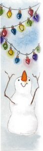 A snowman with a carrot nose stands under colorful string lights hanging in the sky. - Spruced Studio Upscale Workshop