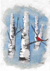 Watercolor painting of three birch trees with white bark against a blue background, featuring a red cardinal perched on a branch. - Spruced Studio Upscale Workshop