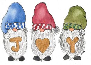 Three gnomes stand in a row, each with a colored hat and a letter or symbol on their beards: “J”, a heart, and “Y”. - Spruced Studio Upscale Workshop