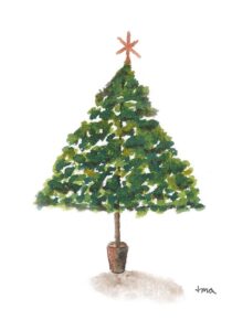 Watercolor illustration of a decorated Christmas tree in a pot, topped with a star, against a white background. - Spruced Studio Upscale Workshop