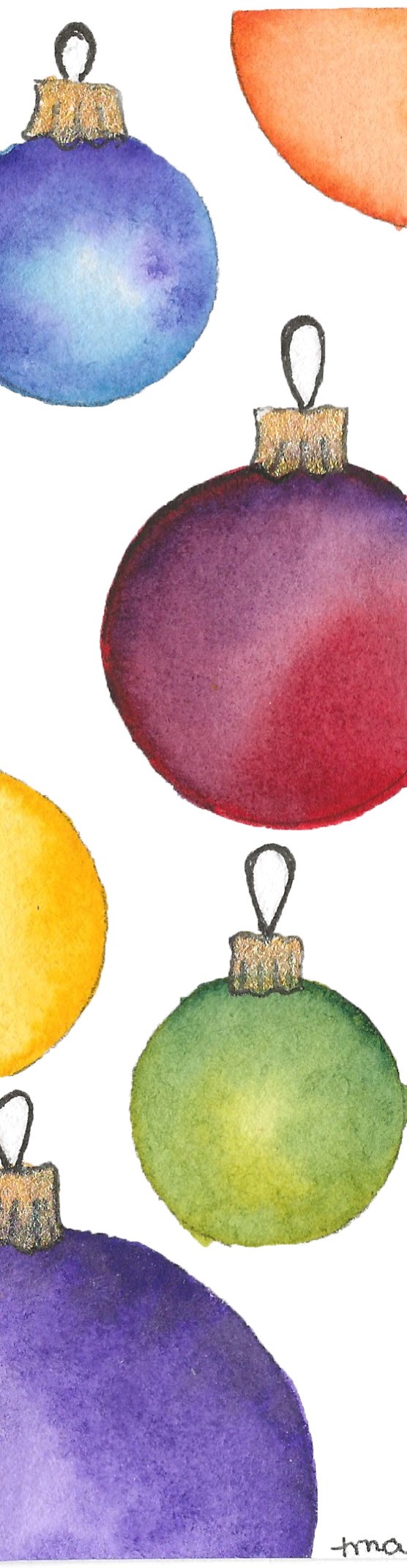 Watercolor illustration of colorful Christmas ornaments, including blue, red, orange, yellow, green, and purple, arranged vertically on a white background. - Spruced Studio Upscale Workshop
