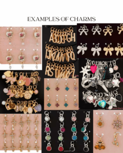 A collage of various charms including hearts, letters, bows, angels, flowers, keys, and colorful gemstones displayed on a light pink and black background. - Spruced Studio Upscale Workshop