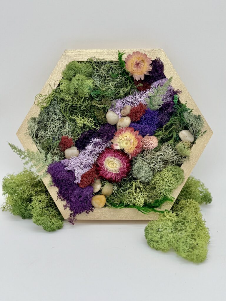 A hexagonal frame displays preserved moss, purple florets, dried flowers, and small decorative stones, arranged artistically against a plain white background. - Spruced Studio Upscale Workshop