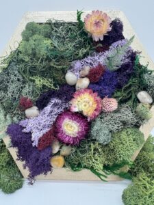 A hexagonal wooden frame displays a textured arrangement of preserved moss, colorful dried flowers, and small smooth stones on a white background. - Spruced Studio Upscale Workshop