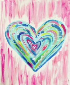 A colorful, abstract heart with rainbow-like layers is painted against a background of pink brushstrokes. - Spruced Studio Upscale Workshop