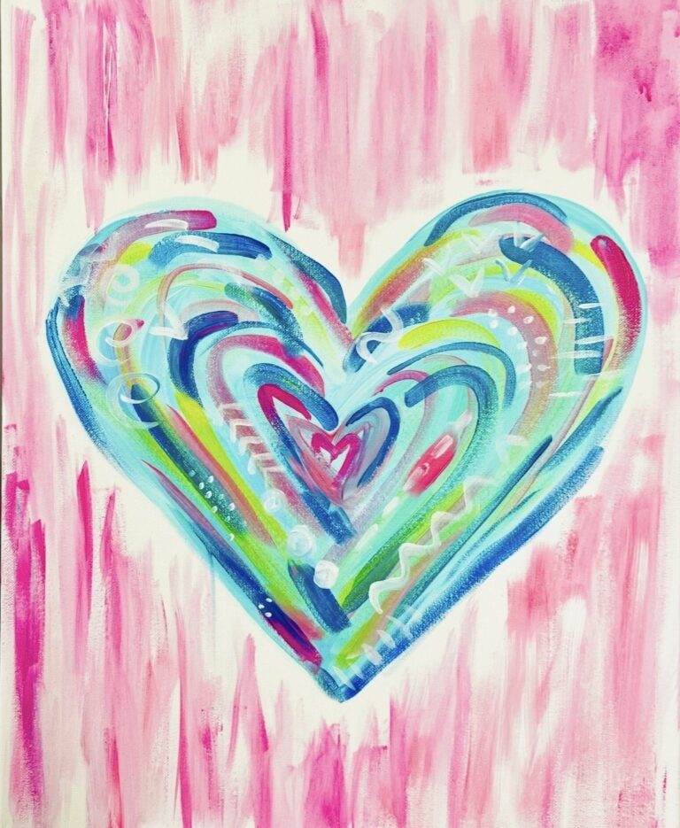 A colorful, abstract heart with rainbow-like layers is painted against a background of pink brushstrokes. - Spruced Studio Upscale Workshop