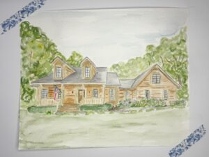 Watercolor painting of a tan house with a porch, two dormer windows, an American flag, surrounded by greenery and flowers, taped at the corners. - Spruced Studio Upscale Workshop