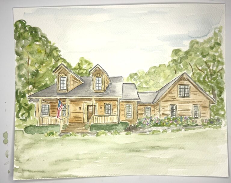 A watercolor painting of a wooden house with dormer windows, a front porch, an American flag, and surrounding greenery and bushes. - Spruced Studio Upscale Workshop