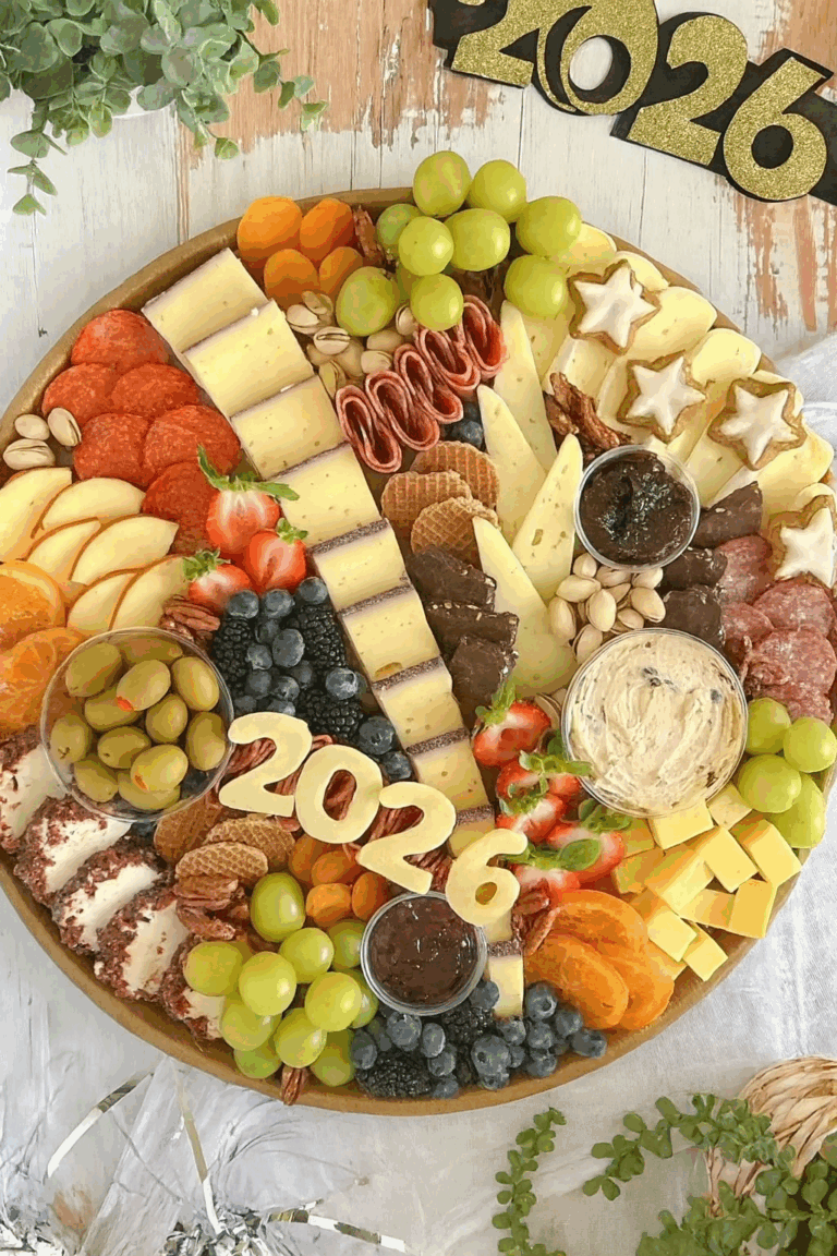 A round charcuterie board with assorted cheeses, meats, fruits, nuts, olives, dips, and cookies, decorated with number "2026" cookies and gold "2026" decor in the background. - Spruced Studio Upscale Workshop