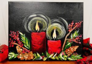 A painting of two lit red candles surrounded by green leaves and red berries, set against a dark background. - Spruced Studio Upscale Workshop