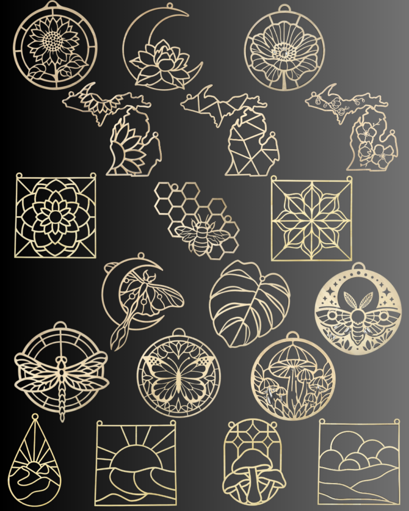Gold line art illustrations of flowers, animals, insects, and nature scenes arranged on a dark gradient background; designs include a bee, dragonfly, mushrooms, leaves, moons, and geometric shapes. - Spruced Studio Upscale Workshop