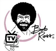 Black and white drawing of a bearded man with curly hair, labeled "Bob Ross," alongside a retro TV graphic and the words "TV's favorite painter. - Spruced Studio Upscale Workshop