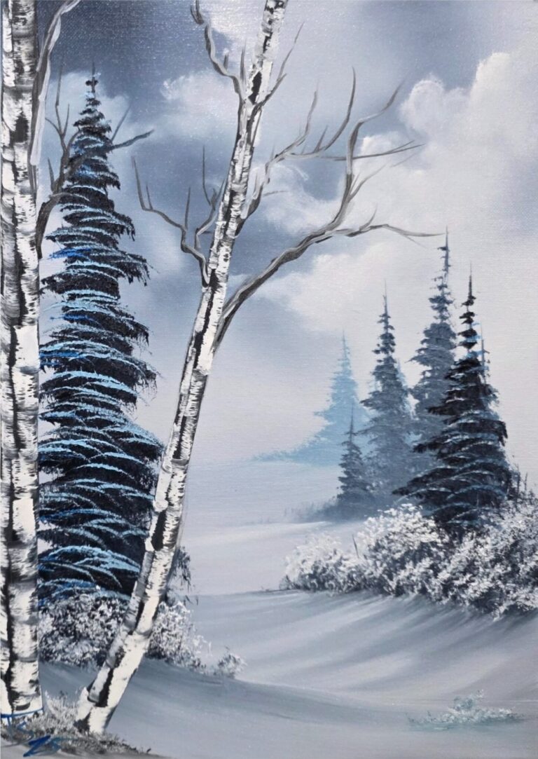 Winter landscape with birch trees in the foreground, snow-covered evergreen trees, and a cloudy sky in the background. - Spruced Studio Upscale Workshop