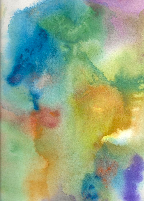 Abstract watercolor painting featuring blended washes of blue, green, yellow, orange, and purple tones with soft, diffuse edges and a textured paper surface. - Spruced Studio Upscale Workshop