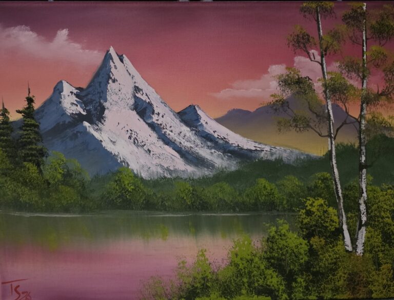 A painting of snow-capped mountains reflected in a lake, with green trees and a pinkish-orange sky in the background. - Spruced Studio Upscale Workshop