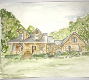 A watercolor painting of a wooden house with dormer windows, a front porch, an American flag, and surrounding greenery and bushes. - Spruced Studio Upscale Workshop